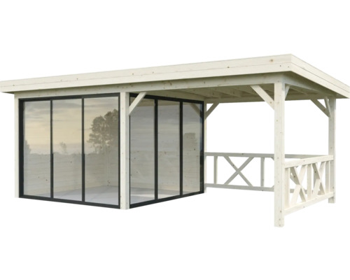 Gartenpavillon aus Holz mit Glasschiebetüren