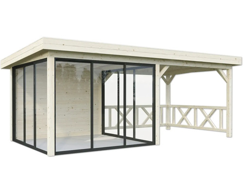 Holzpavillon mit Glasschiebetüren und seitlichem Anbau