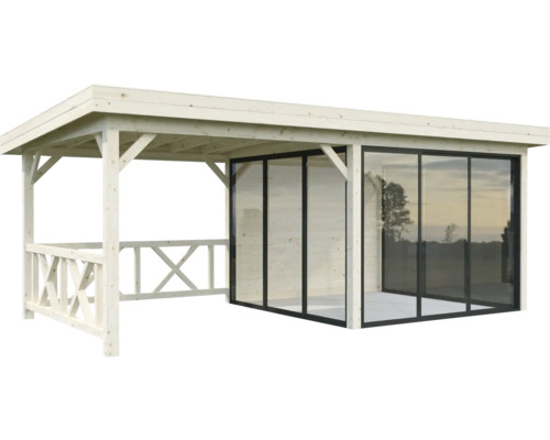 Holzpavillon mit Glaschiebewänden für den Außenbereich