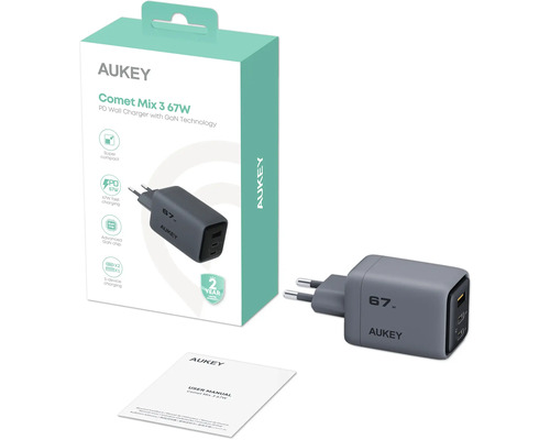 Aukey Comet Mix 3 67W Netzteil mit GaN Technologie in Verpackung und Bedienungsanleitung
