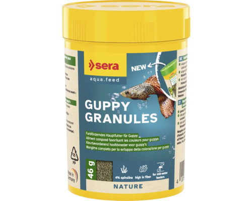 Fischfutter sera Guppy Granules 100 ml (46 g), Graulatfutter für Guppy und Lebendgebärende, Pflanzenfutter Fischfutter sera Guppy Granules 100 ml (46 g), Graulatfutter für Guppy und Lebendgebärende, Pflanzenfutter