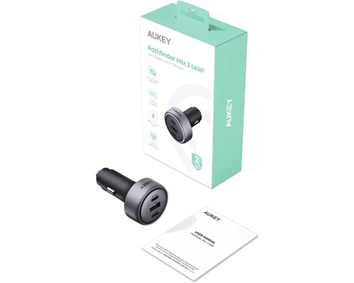 Aukey Pathfinder Mix 3 66W Kfz-Ladegerät mit Verpackung und Bedienungsanleitung