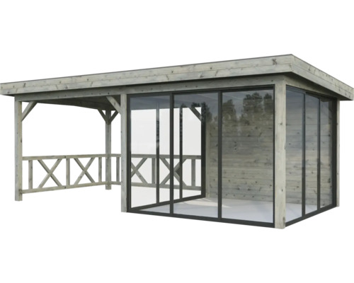 Pavillon Palmako Lenna Slide 16,6 m² Set 404 588 x 300 cm tauchimprägniert grau Holzpavillon mit Glasschiebetüren und Geländer