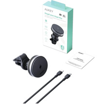 Aukey MagFusion Dash Pro magnetische kabellose Ladegerät-Halterung mit Zubehör und Produktverpackung
