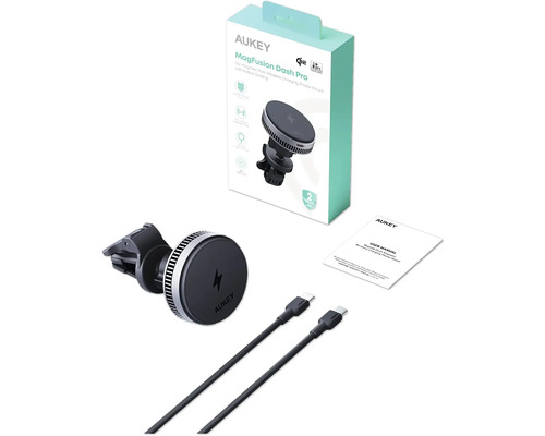 Aukey MagFusion Dash Pro magnetische kabellose Ladegerät-Halterung mit Zubehör und Produktverpackung