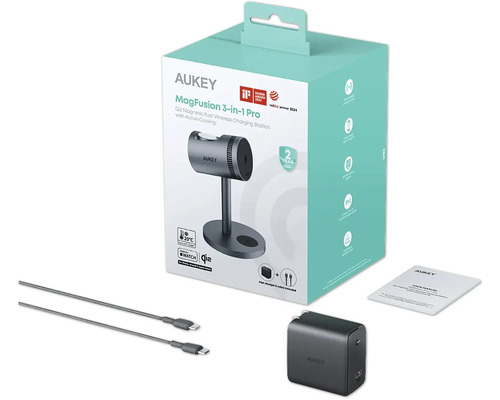 Aukey MagFusion 3-in-1 Pro Ladestation mit Verpackung, Netzteil, Kabel und Bedienungsanleitung
