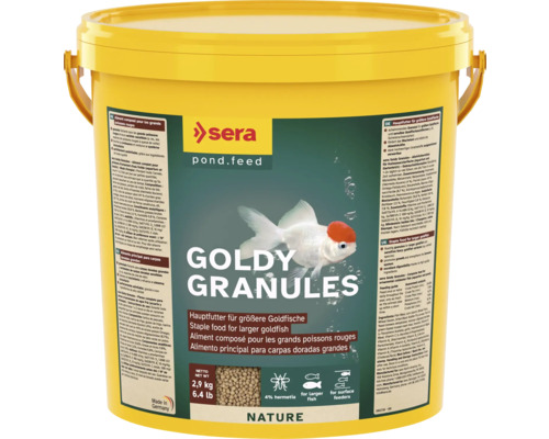 Goldfischfutter sera Goldy Granules 10 L (2,9 kg), Teichfischfutter Sera Goldy Granules Fischfutter in gelbem Eimer für größere Goldfische