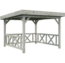 Holzpavillon mit quadratischem Grundriss und umlaufendem Geländer