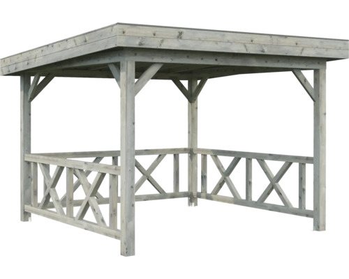 Holzpavillon mit quadratischem Grundriss und umlaufendem Geländer