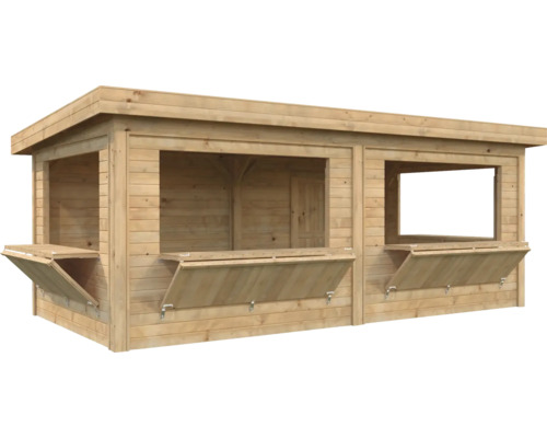 Verkaufsstand aus Holz mit offenen Klappen