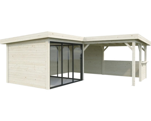 Gartenhaus aus Holz mit Anbau und Glasschiebetür
