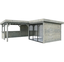 Holzgartenhaus mit Glaselementen und überdachter Veranda