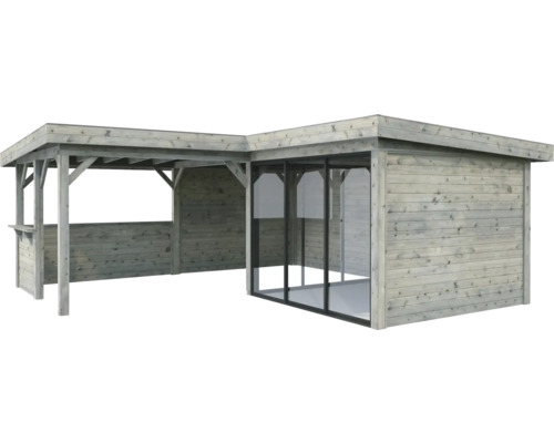 Holzgartenhaus mit Glaselementen und überdachter Veranda