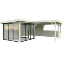 Gartenhaus mit Glasfront und offenem Anbau aus Holz