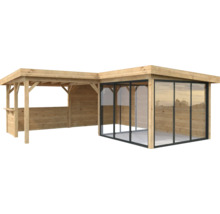 Holzpavillon mit Glaswänden und offenem Bereich