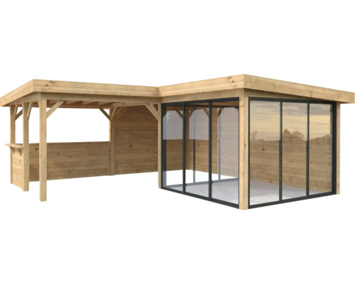 Holzpavillon mit Glaswänden und offenem Bereich
