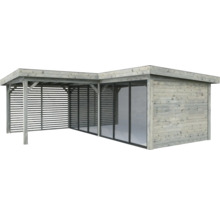 Holz Gartenhaus mit überdachter Terrasse und seitlichen Lamellenwänden.