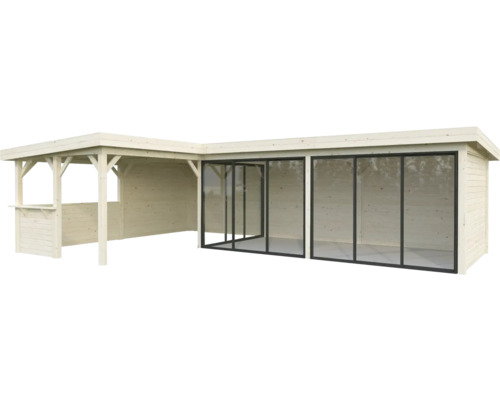 Holzgartenhaus mit Glasschiebetüren und Überdachung