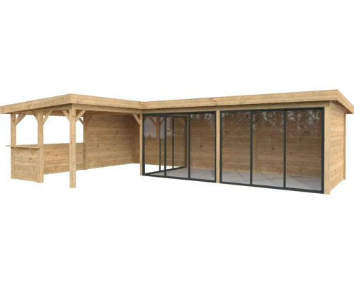 Holzpavillon mit Glasschiebetüren und Bartheke für den Garten