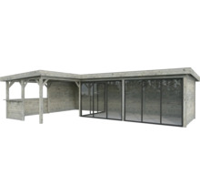 Holzgartenhaus mit überdachter Terrasse und Schiebetüren