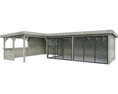 Holzgartenhaus mit überdachter Terrasse und Schiebetüren