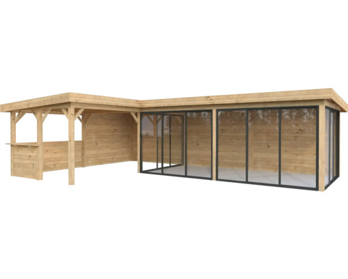 Holzpavillon mit Glaswänden für den Garten