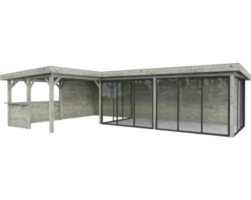 Holzpavillon mit Glasfront und Bartheke