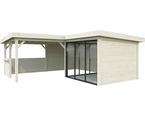 Holzgartenhaus mit offenem Pavillonbereich und geschlossenem Glashausbereich