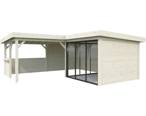 Gartenhaus mit Anbau, Holz und Fenstern