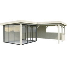 Gartenhaus aus Holz mit Glasschiebetüren und Überdachung