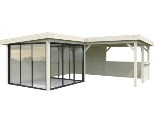 Gartenhaus aus Holz mit Glasschiebetüren und Überdachung