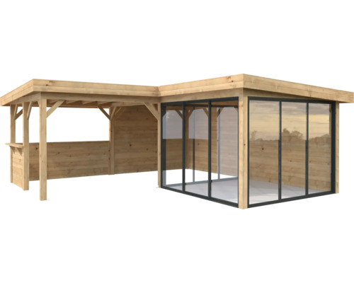 Holzgartenhaus mit Glasschiebetüren und seitlichem Anbau