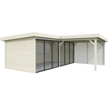 Holzgartenhaus mit Glasschiebetüren und integriertem Pavillon