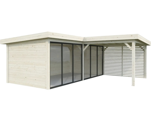 Holzgartenhaus mit Glasschiebetüren und integriertem Pavillon