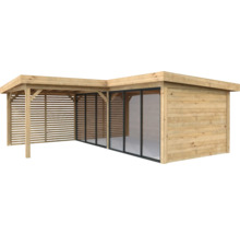 Holz Gartenhaus mit Glasschiebetüren und Lamellenwand