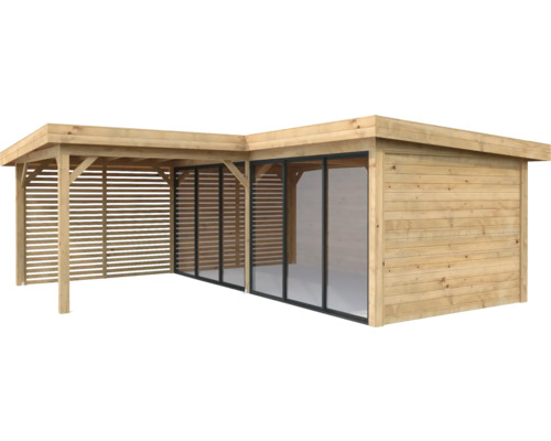 Holz Gartenhaus mit Glasschiebetüren und Lamellenwand
