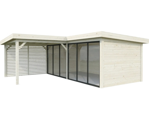 Gartenhaus mit Schiebetüren und überdachter Terrasse aus Holz