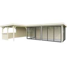 Holzpavillon mit Glasschiebetüren und Bartresen