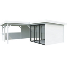 Weißer Gartenpavillon mit Glasfront und offenem Anbau