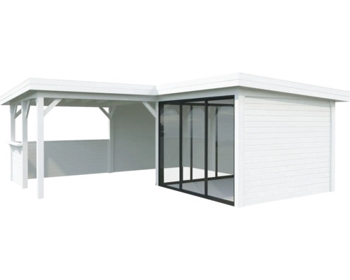 Weißer Gartenpavillon mit Glasfront und offenem Anbau