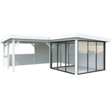 Überdachter Freisitz mit Glasfront für den Garten.