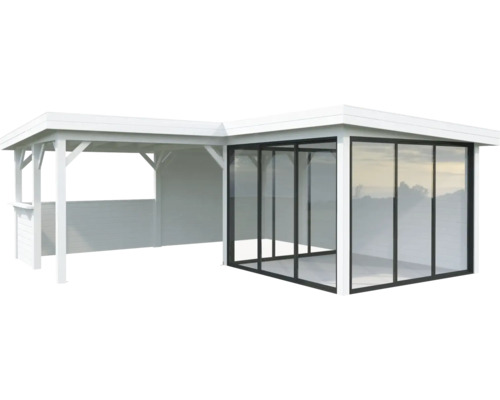 Überdachter Freisitz mit Glasfront für den Garten.
