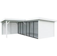 Weißer Holzpavillon mit Glasschiebetüren und Lamellenwand.