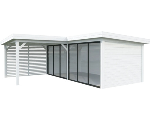 Weißer Holzpavillon mit Glasschiebetüren und Lamellenwand.