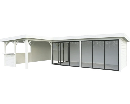 Gartenhaus mit Glasschiebetüren und überdachtem Sitzbereich
