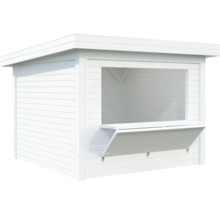 Weißer Holz-Kiosk mit geöffnetem Fensterladen