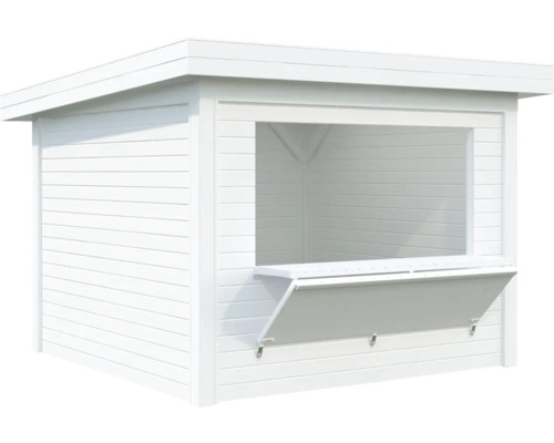 Weißer Holz-Kiosk mit geöffnetem Fensterladen