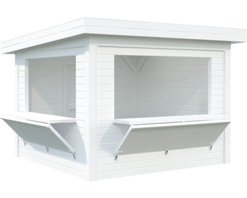 Weißer Holz Kiosk mit Klapptheke