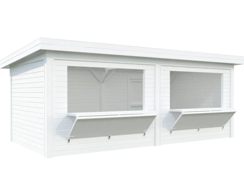 Weißer Holzpavillon mit zwei Verkaufsklappen