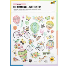 Frühlingsaufkleber mit Fahrrädern, Heißluftballons, Blumen und Tieren
